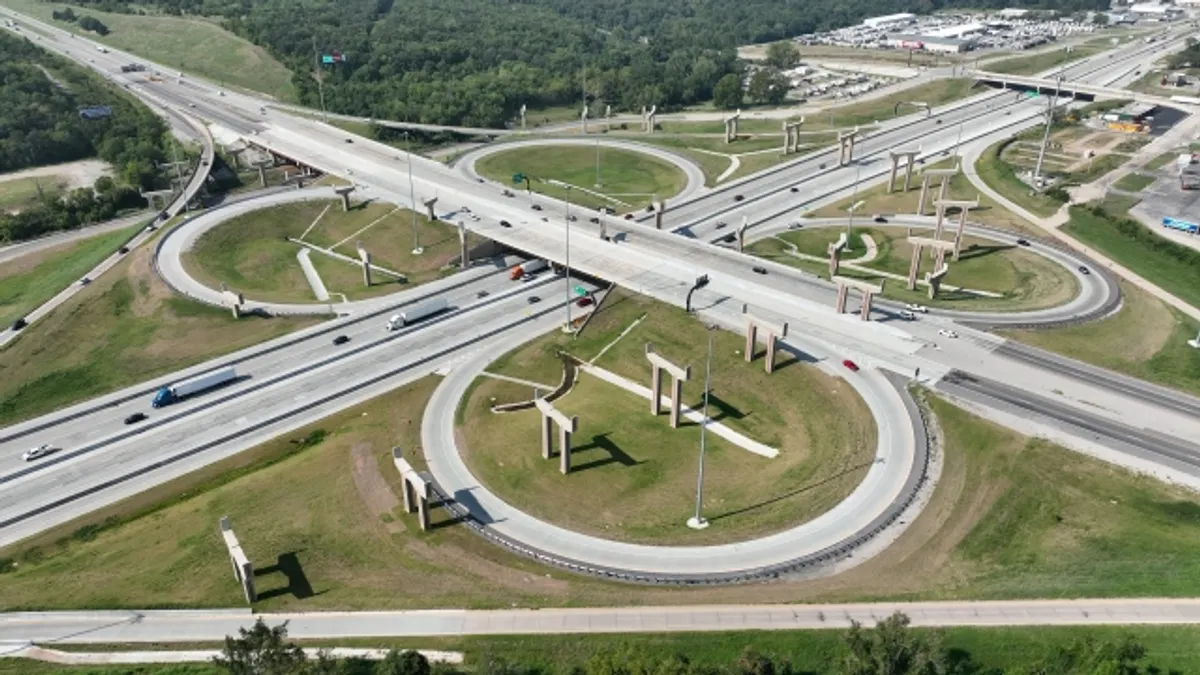 Aerial view of the I-44 and U.S. 75 interchange in Tulsa, Oklahoma.