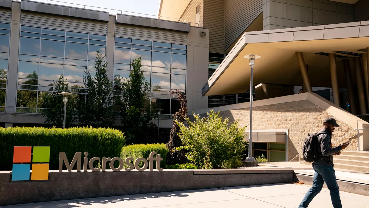 A sign is seen at the Microsoft headquarters on July 3, 2024 in Redmond, Washington.