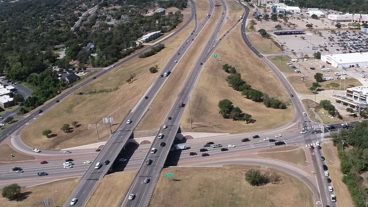 An aerial view of State Highway 6 in Brazos County, Texas.