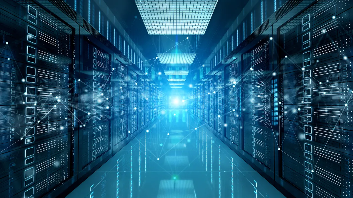 Connection network in dark servers data center room storage systems.