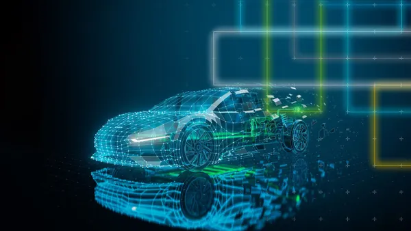 An rendering of a software-based vehicle with blue and green graphics depicting its modular components.