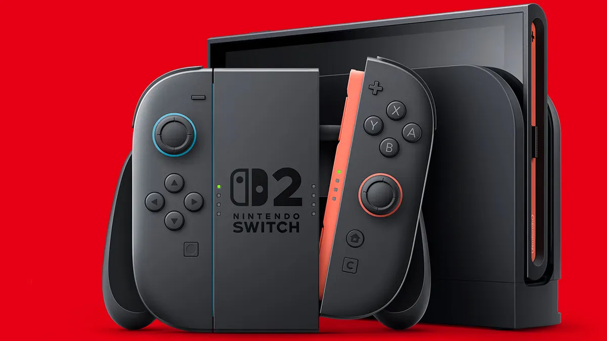 The Nintendo Switch 2 console is displayed against a red backdrop.