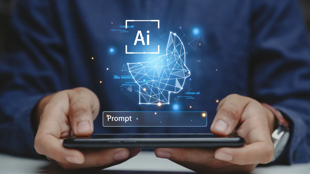 A person holding a phone with "Ai" and a box that says "prompt" above it.