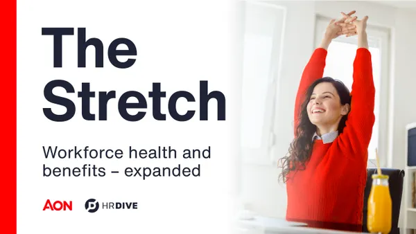 This image depicts the podcast series image for AON's HR Dive series, "The Stretch: Workforce Health and Benefits – Expanded"