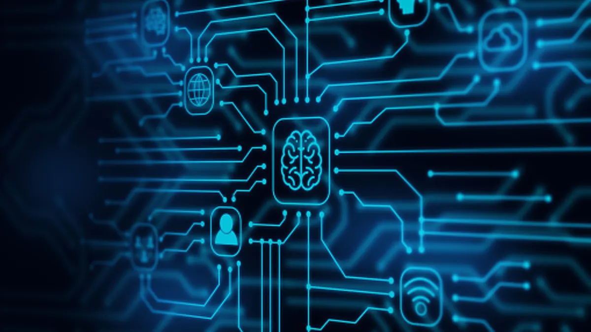 Brain icon symbolizing AI in center of photo surrounded by other icons representing the potential widespread use of AI in technology