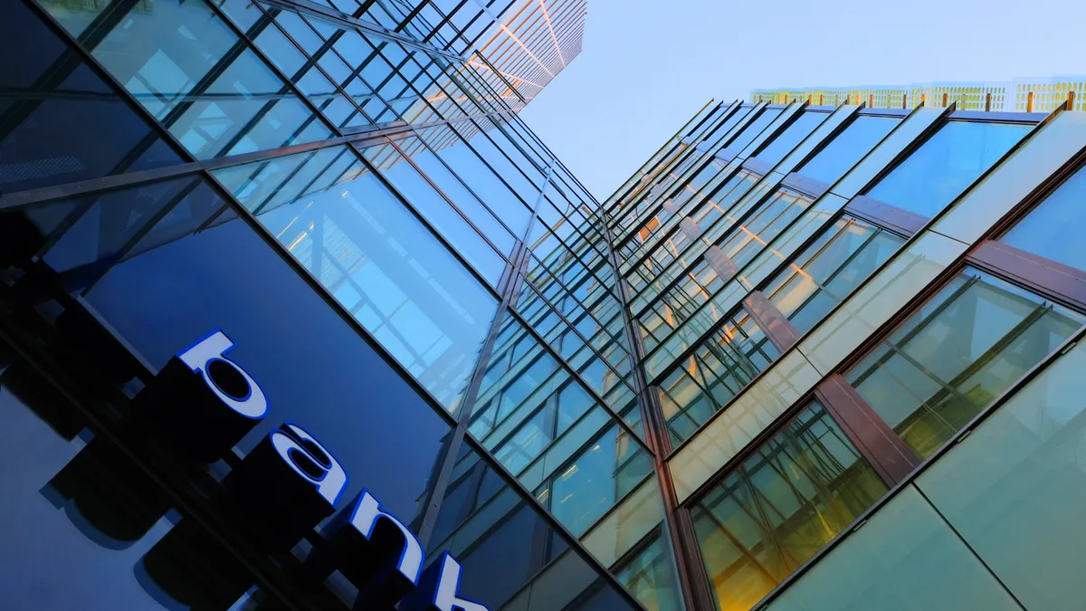 Bank corporate finance building seen from below.