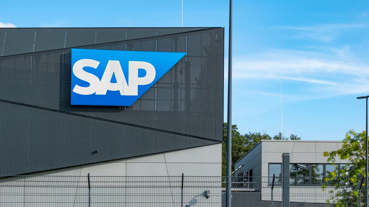 SAP logo displayed on a building in Walldorf, Germany on July 29, 2024.