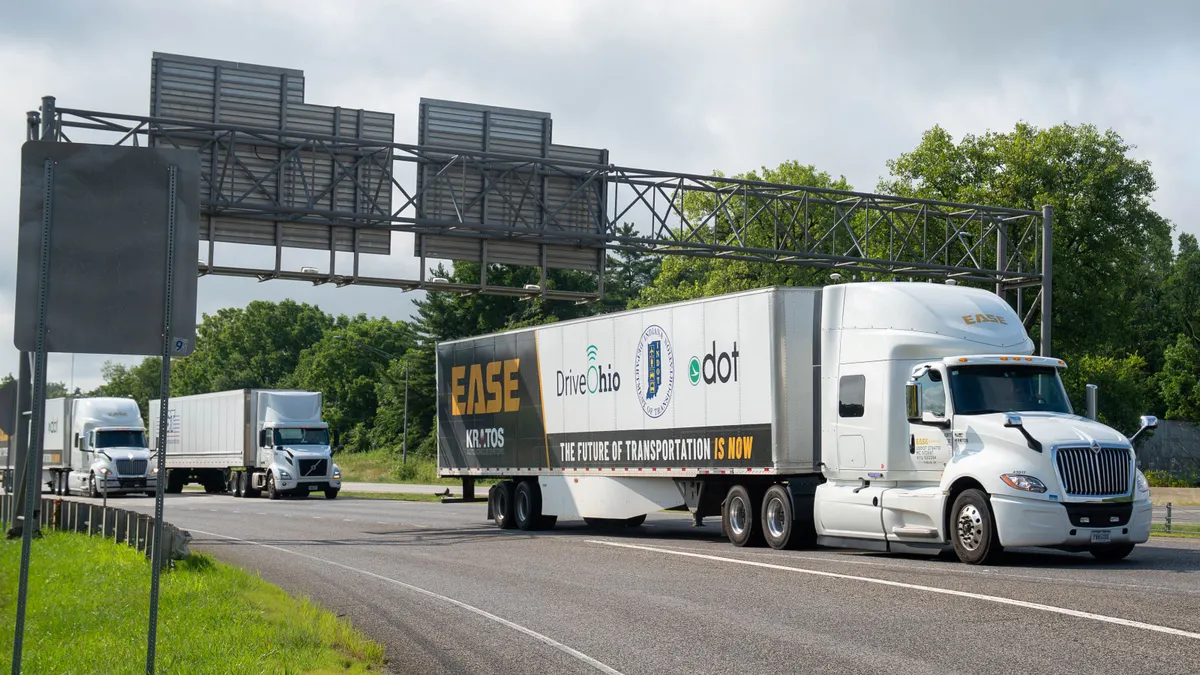 Ease Logistics trucks drive on Interstate 70 between Columbus, Ohio, and Indianapolis, Indiana, while testing automated truck platooning technology.