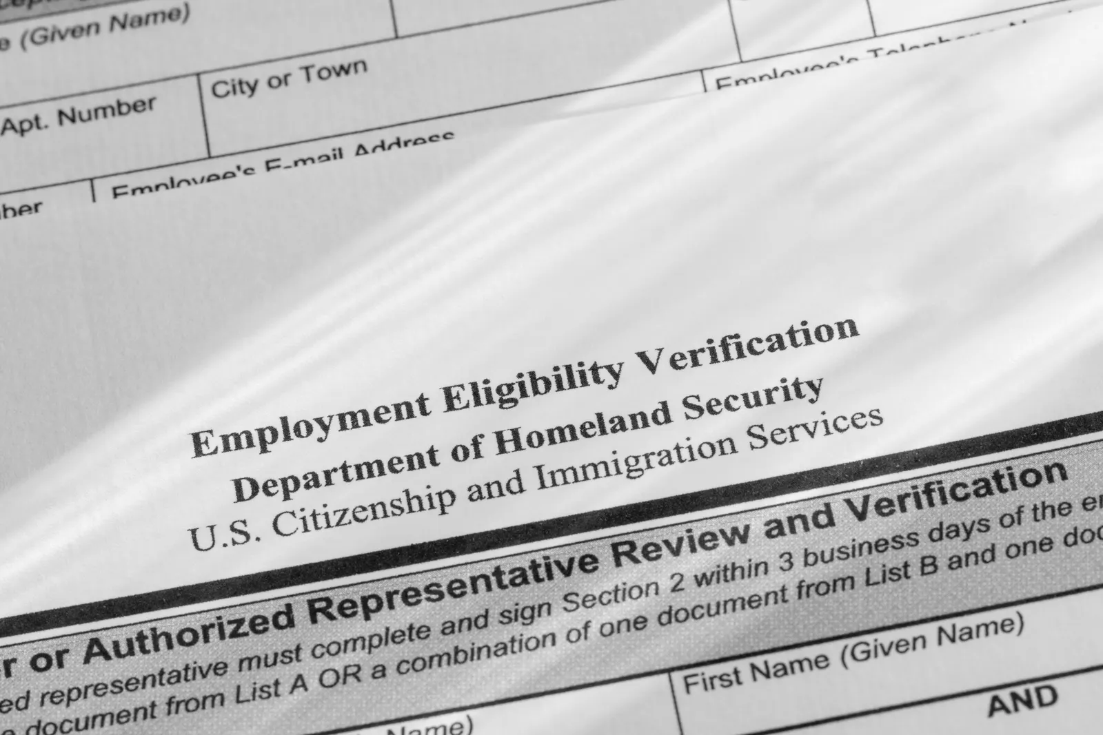 Close up view of Form I-9 United States employment authorization paperwork